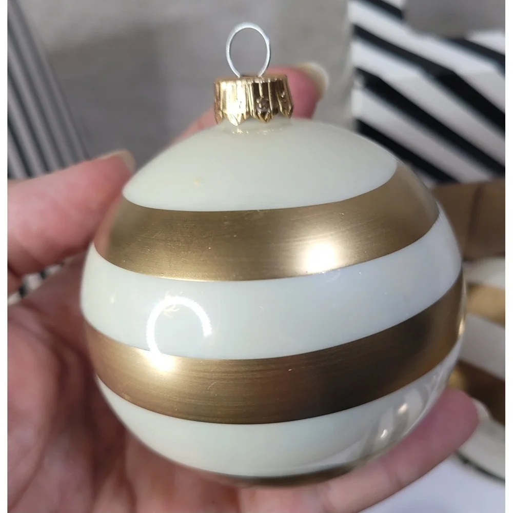 Vitbis‎ Set of 8 Christmas Ornaments White & Gold Stripes Handcrafted Poland